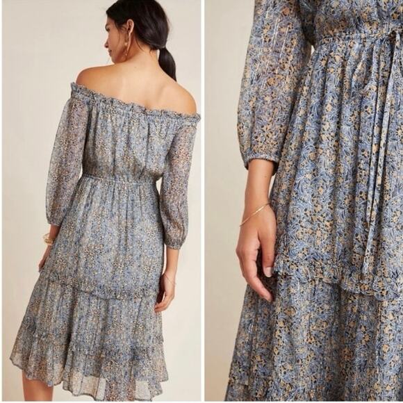 Anthropologie Dress Cottagecore Midi Feminine Peasant Tiered Floral Flounce Blue - Picture 2 of 10